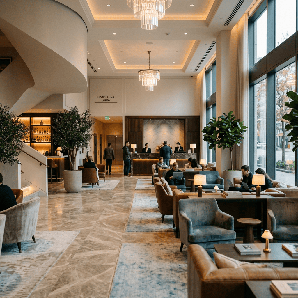 Hotel Luna lobby with guests, reception desk, seating, plants, and chandeliers