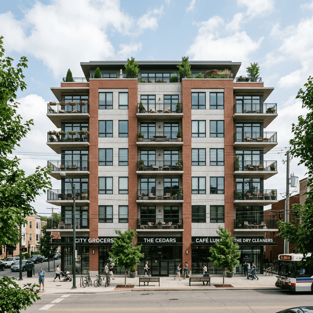Modern brick apartment building with shops, balconies, and pedestrians