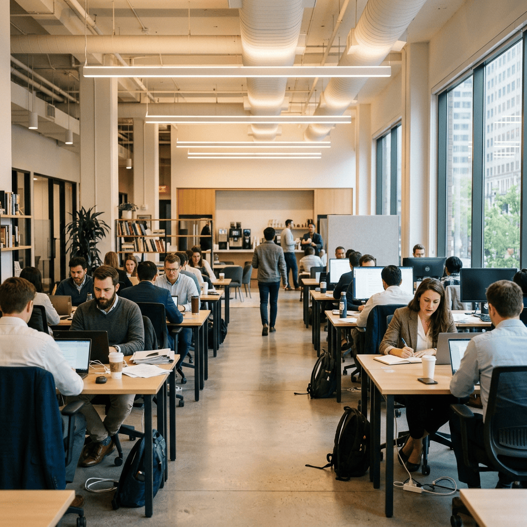 Professionals working at desks in a bright modern coworking space