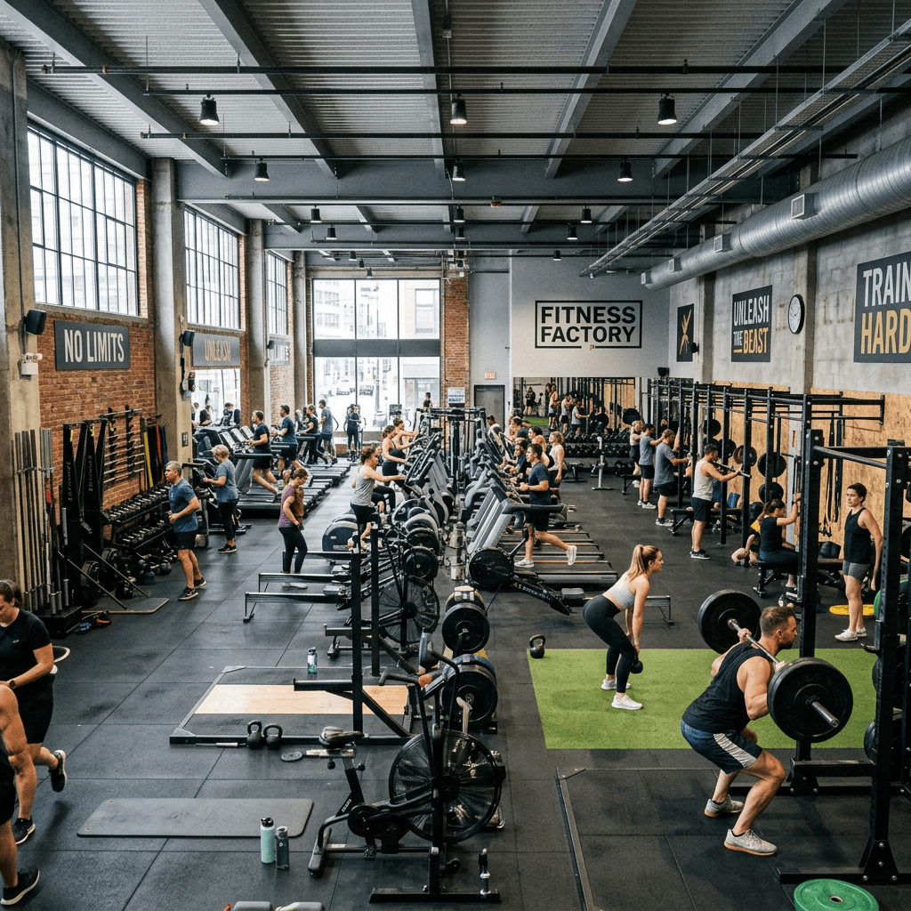 Busy Fitness Factory gym with members using cardio and weightlifting equipment