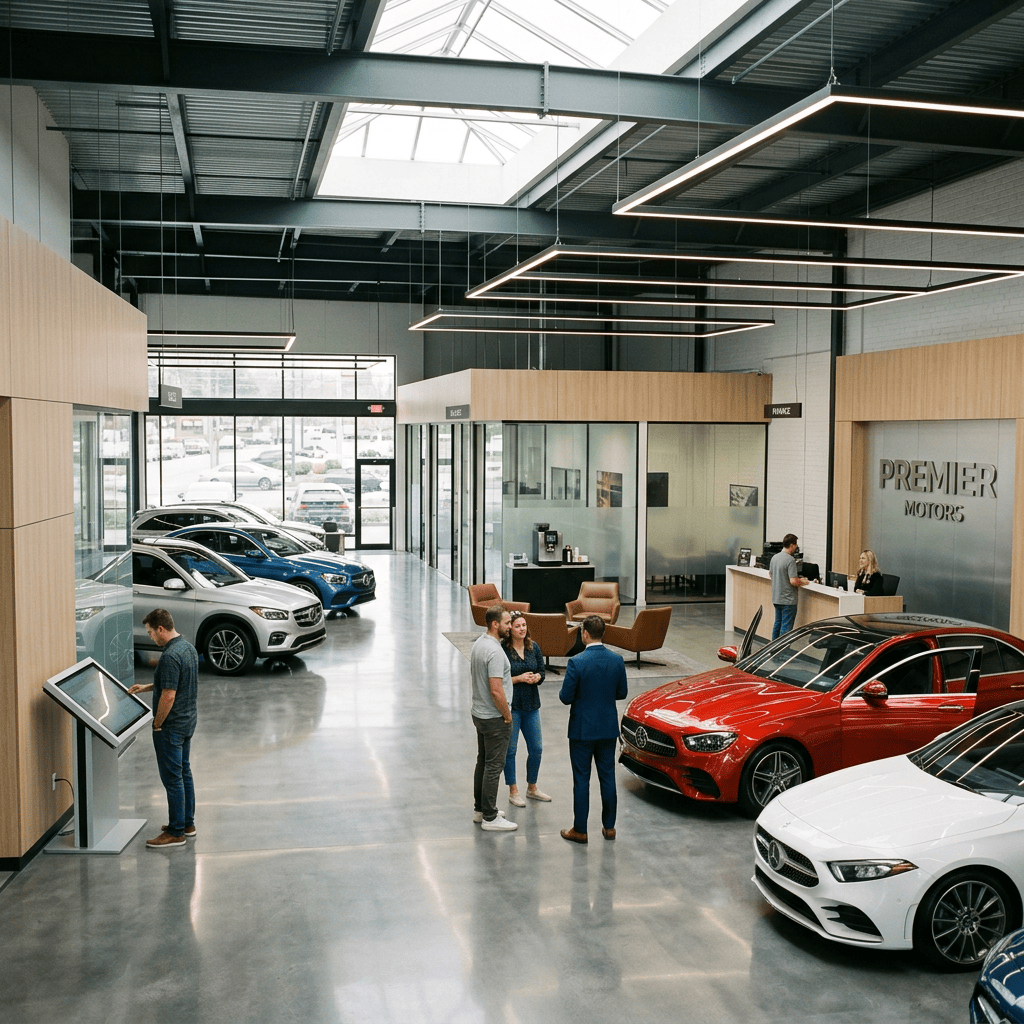 Premier Motors showroom displaying luxury cars and customers
