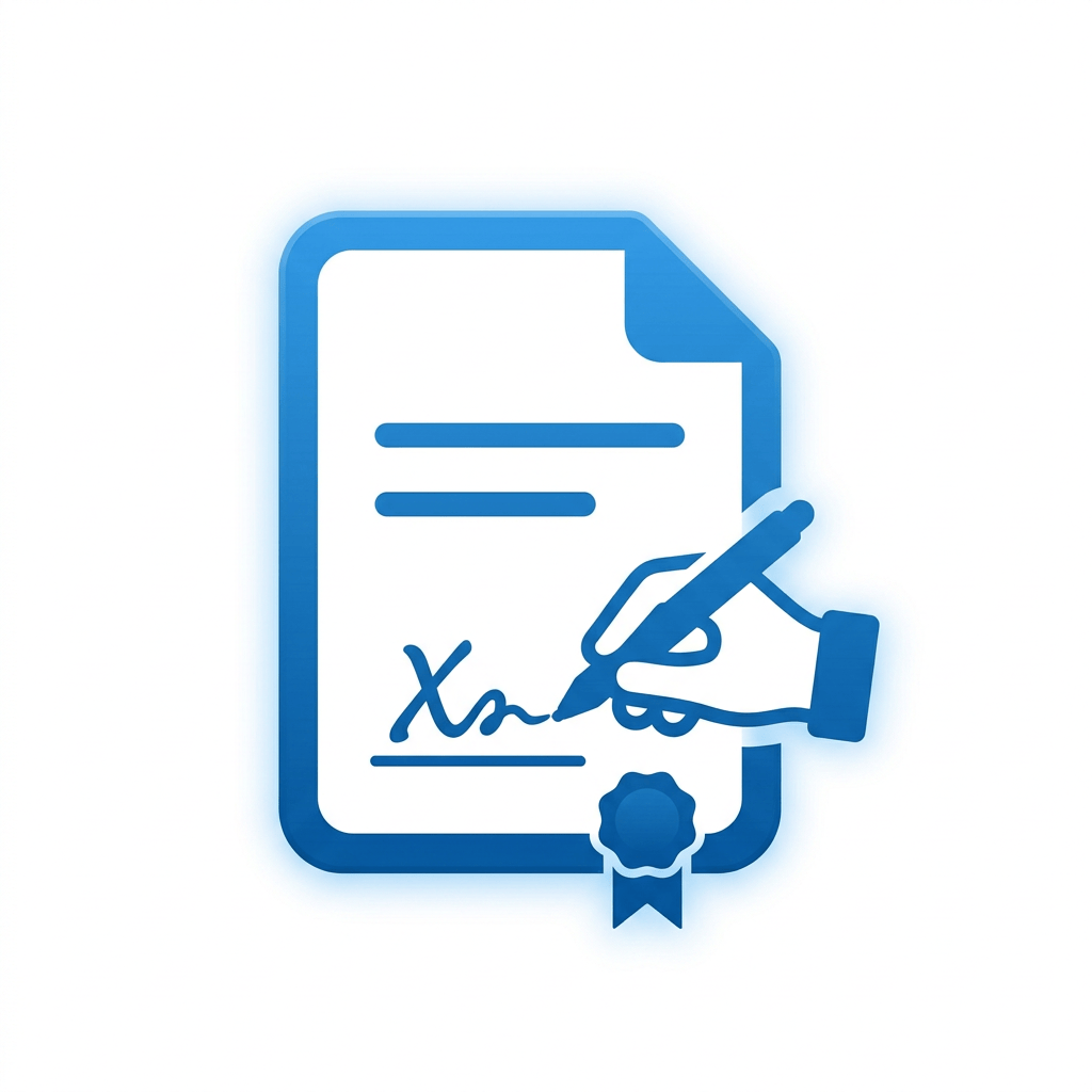 Document with signature, pen, and certification seal